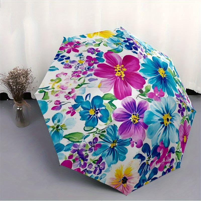 1pc Watercolor Flowers Automatic Folding Umbrella - 8-Rib Iron Frame,  Portable Sunshade with Plastic Handle yy250731218