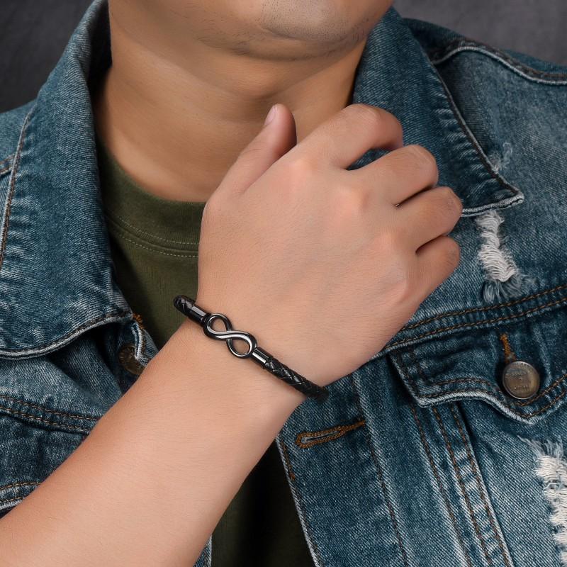 Stainless Steel Geometric Infinity Symbol Bracelet Men Magnetic Clasp Handmade Leather Woven Cuff Jewelry