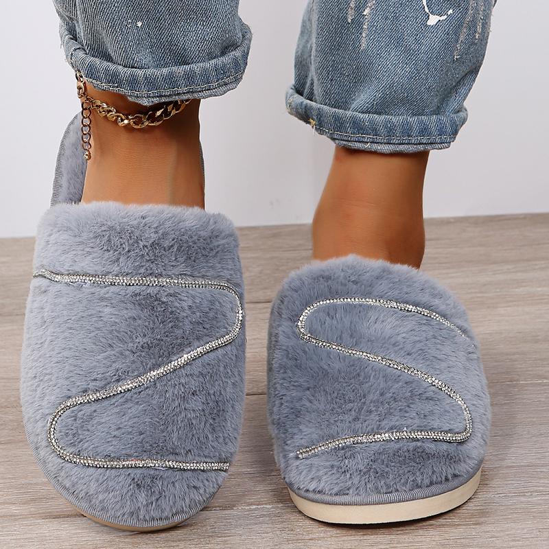 Fashion Bling Crystal Fluffy House Slippers for Women Winter 2025 Indoor Cozy Warm Fur Slippers Woman Flat Non Slip Plush Home Slides