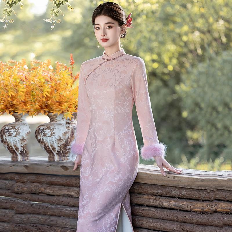 Womens Long Sleeve Winter Warm Chinese Style Qipao Dress With Fleece Lining Pink Yellow Plus Size S-3XL
