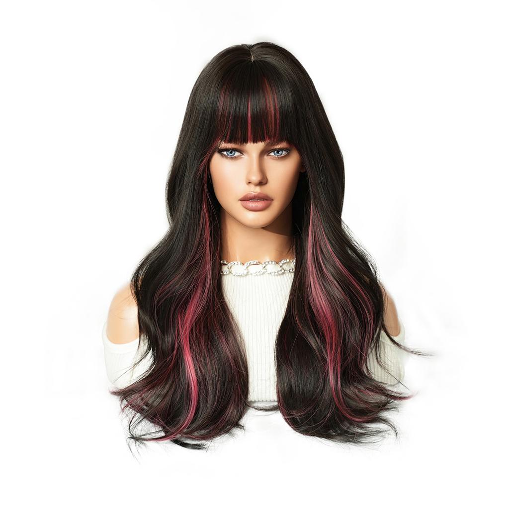European American Women's Wig Black Dyed Red Bangs Full Head Hairstyle Big Wave Long Roll Lolita