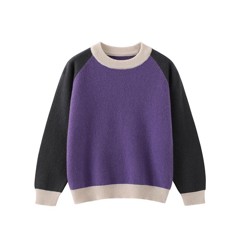 100% Wool Color Block Crew Neck Sweater for Boys & Girls - 2025 Autumn/Winter Collection