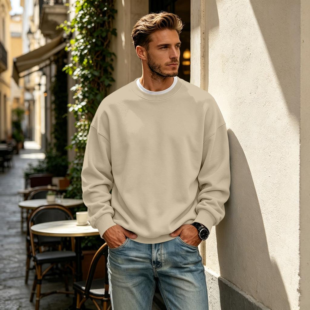 Men's Lined Crewneck Long Sleeve Sweatshirt Casual Loose Fit Pullover for Fall Winter