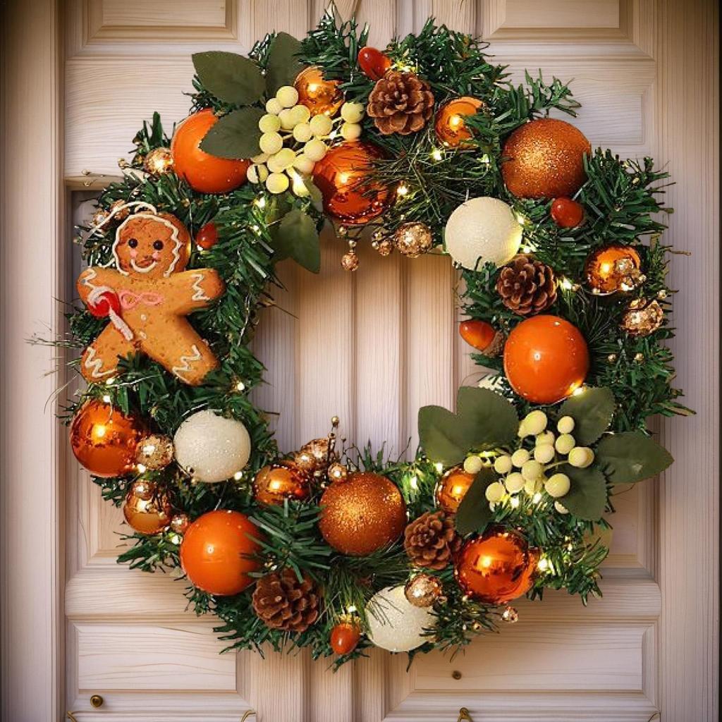 Outdoor Christmas Wreath 15.7 Inch Farmhouse Gingerbread Wreath With Lights For Home Realistic Holiday Decor For Entrance Front