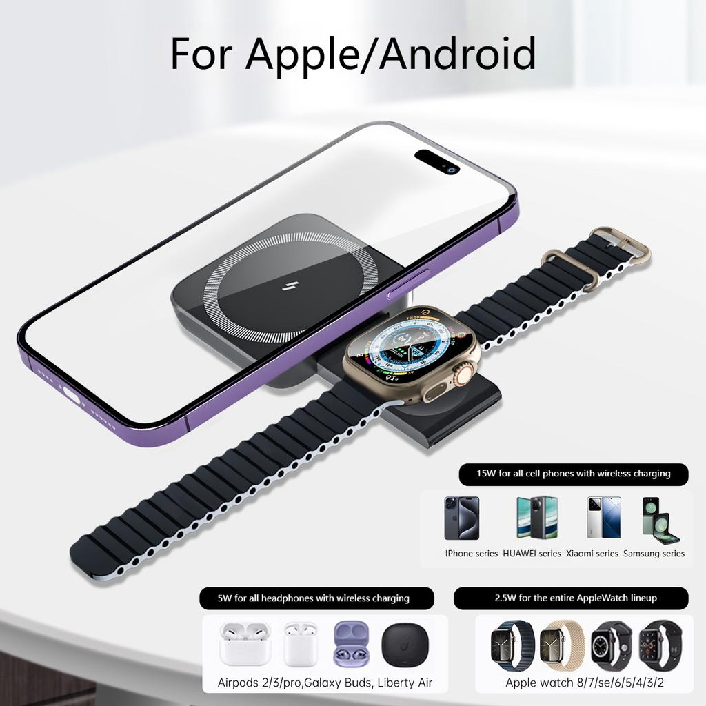 Carregador Sem Fio 2 em 1 para Magsafe 15W Carregamento Rápido para iPhone 16 Pro Max Carregador de Relógio Placa de Carregamento Magnético Portátil
