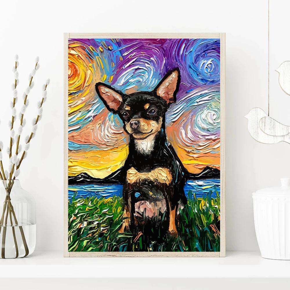 Funny Dogs Starry Night Van Gogh Canvas Painting Abstract Print Dog German Shepherd Bulldog Posters Wall Art Picture Home Decor