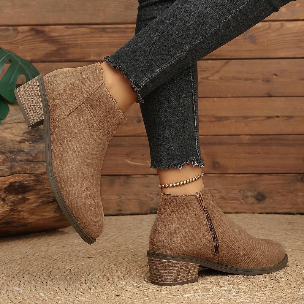 Large size French suede short tube thick heel fashion boots New versatile casual foot cover pointed leather boots