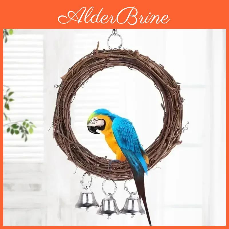 Toy Wooden Bird Stand Parrot Playing Rack Swing Wood Ring For Birds Hanging With Bell Bird Accessories Toys Home Supplies