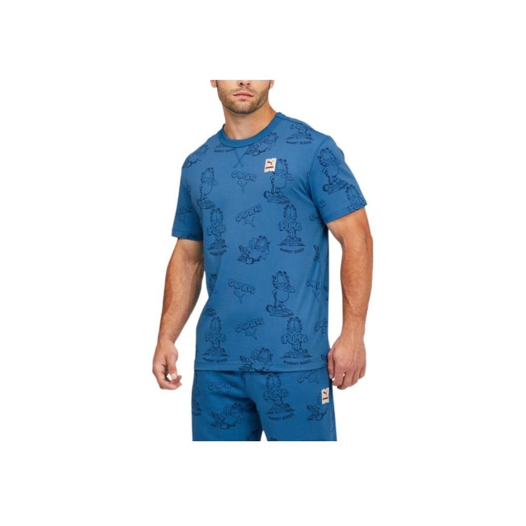 Puma X Garfield Co-Branded Sports Life Series Full Print Garfield Cat Short Sleeve T-Shirt Men Tops Blue 534434-48