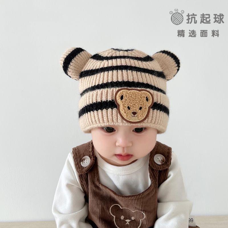Baby autumn and winter children's knitted hats male and female baby striped bear head wool hat curled edge melon rind warm hat