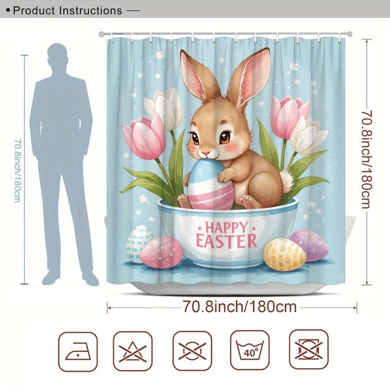 1pc Easter Bunny Shower Curtain - Cute Brown Bunny, Pink Tulips & Eggs, Pastel Blue Background, Polyester,  Spring Decor