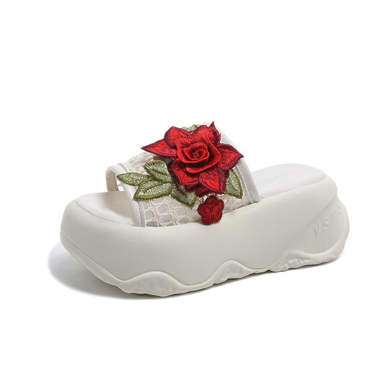 

Fashion Summer New Open Toed Platform Slippers Hollowed Leather Red Flowers Comfortable Women s Beach Shoes for Indoor Outdoor Sandals 35 бежевый