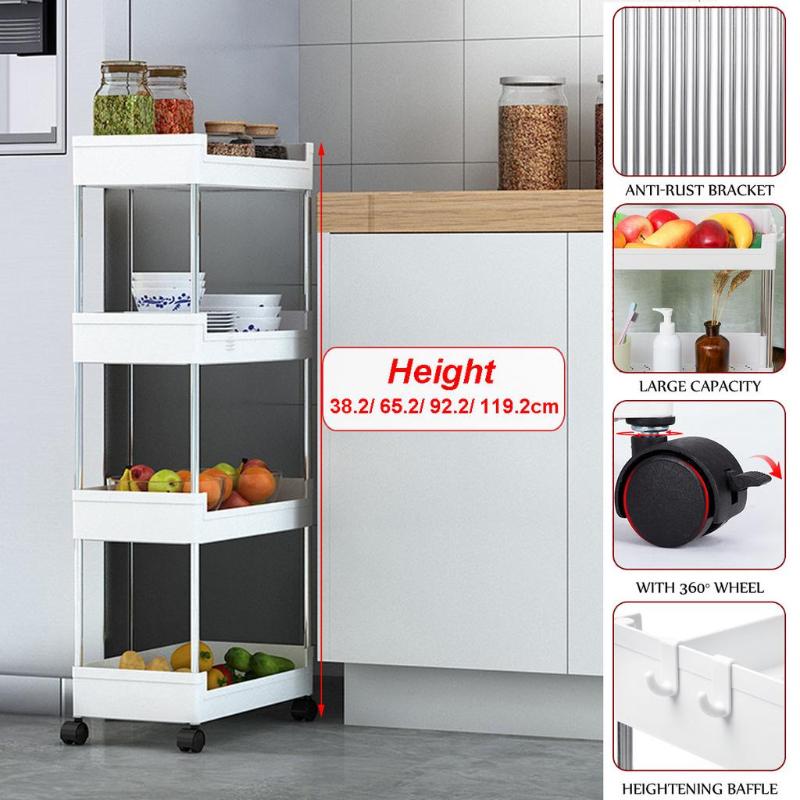 2/3/4/5layer Height Gap Kitchen Storage Rack Thicken Removable With Wheels Assemble Bathroom Shelf Space Saving Organizer 65.2/92.2/119.2cm White New