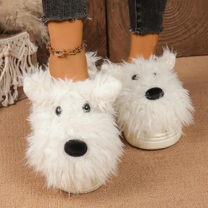 Cartoon Puppy Pluizige Bont Binnenslippers Dames Winter Dikke Bodem Bontzachte Mules Slippers Warm Pluche Huispantoffels voor Dames