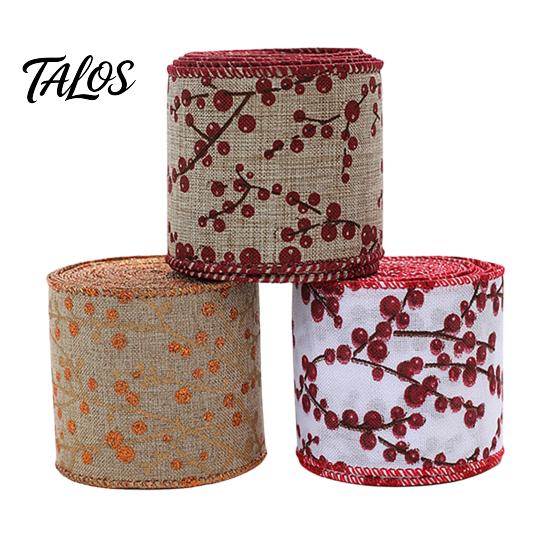 Red Berry Print Fabric Ribbon Christmas Ribbon, 2.2 Yards Imitation Linen 2.5 Inch Wide Holiday Theme Gift Box Packaging for DIY Wreath Bows