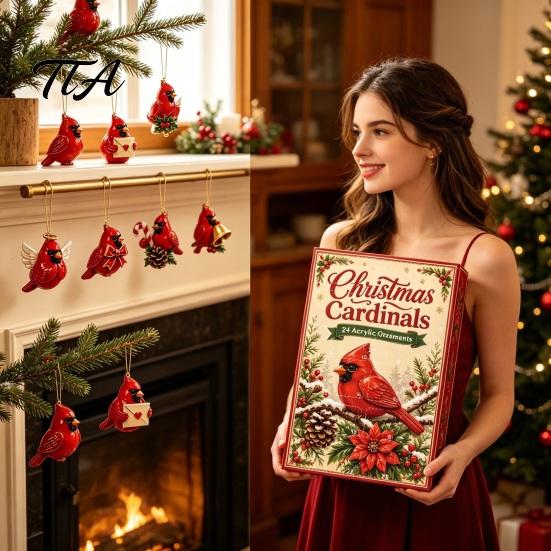 Acrylic Ornament Collection Red Bird Advent Calendar, 24-Day Christmas Countdown Set with Ornaments, 2D Tree Hanging Decor, Holiday Gift for