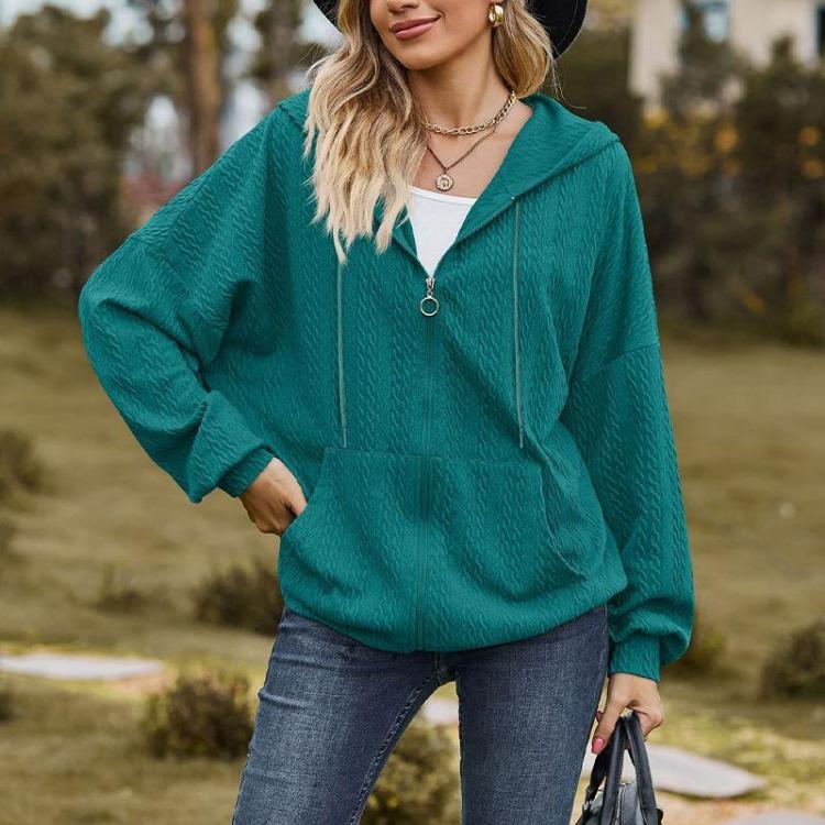Women's Solid Color V-neck Zipper Loose Long Sweatshirt Jacket