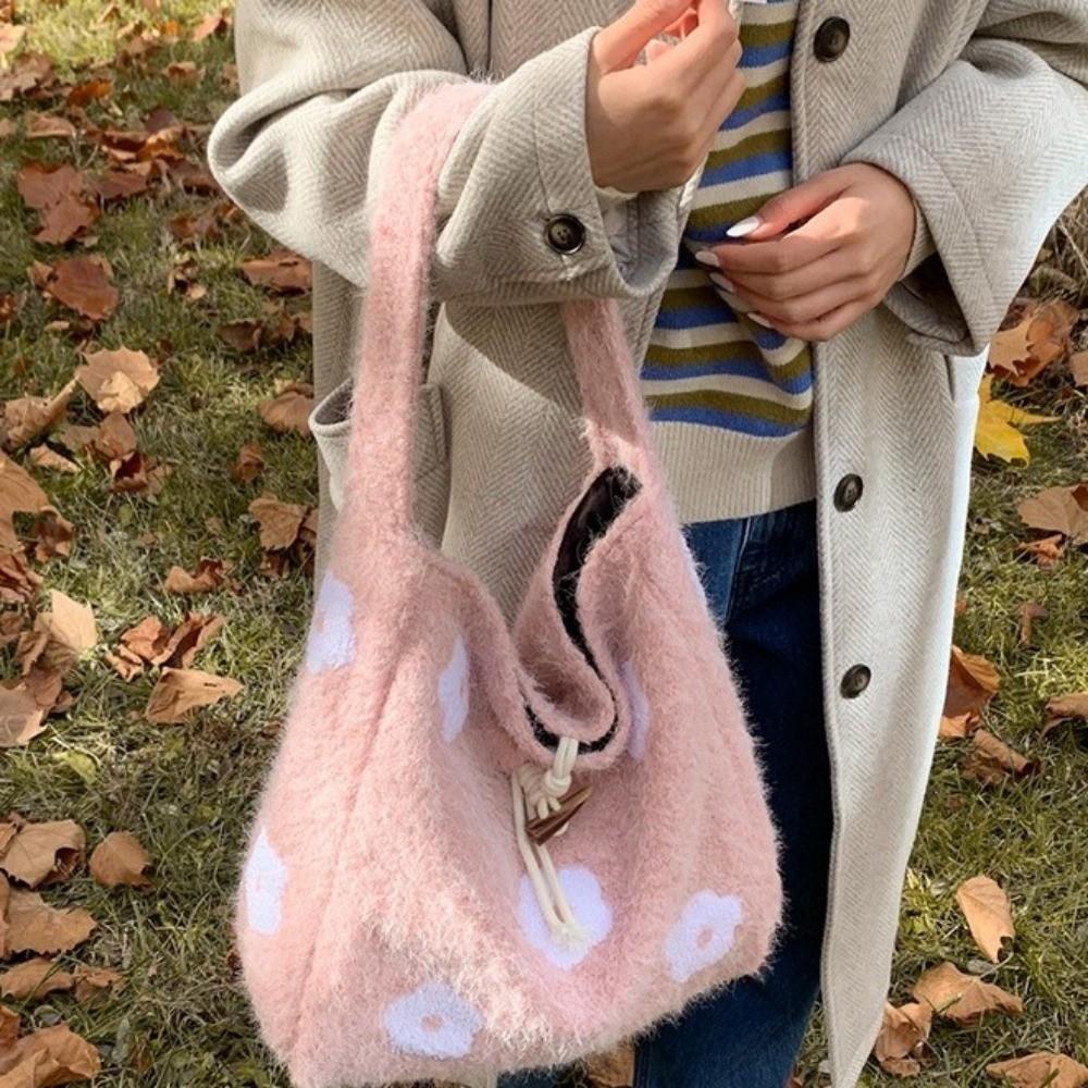 Large Capacity Plush Tote Bag Soft Polyester Lining Floral Handle Bag Underarm Bag  Ladies Purse