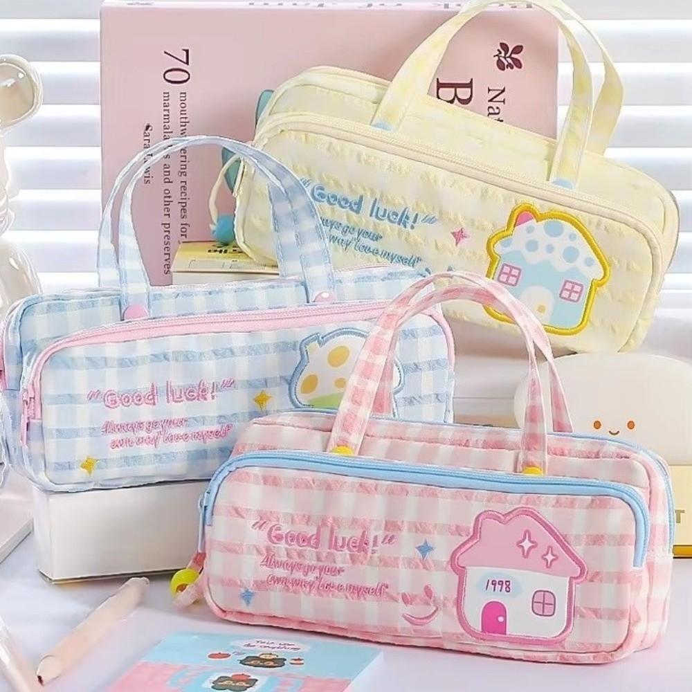 Large Capacity Pencil Case Plaid Stationery Bag Sweet Style Pen Bag  Students