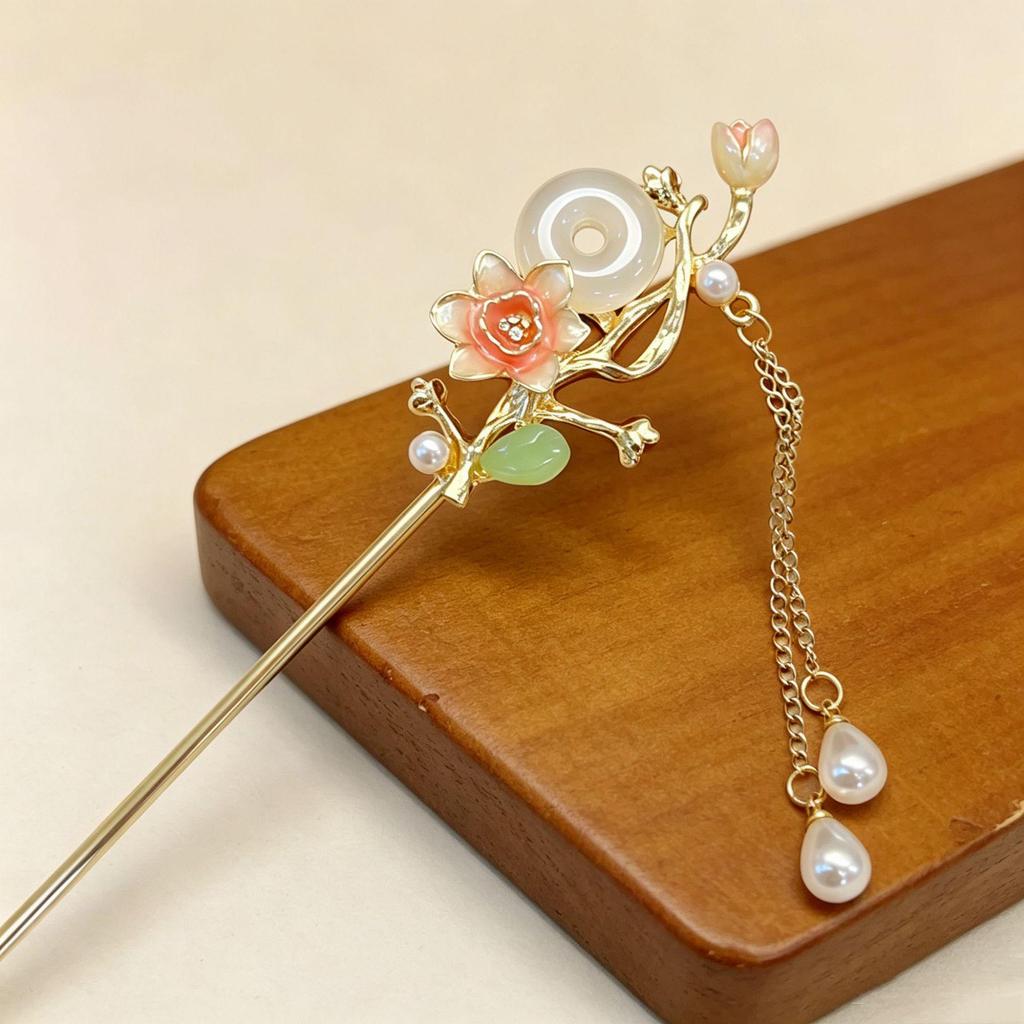 Elegant Chinese-Style Flower Peace Buckle Hair Stick with Tassels – Ancient-Style Hanfu Hair Accessory for Women
