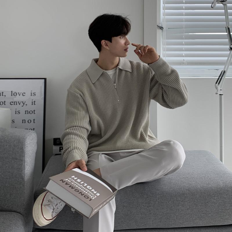 Literary Knitted Sweater Men's Lapel Sweater Loose Men's Half Zipper Polo Collar Spring and Autumn Coat Retro Versatile Sweater