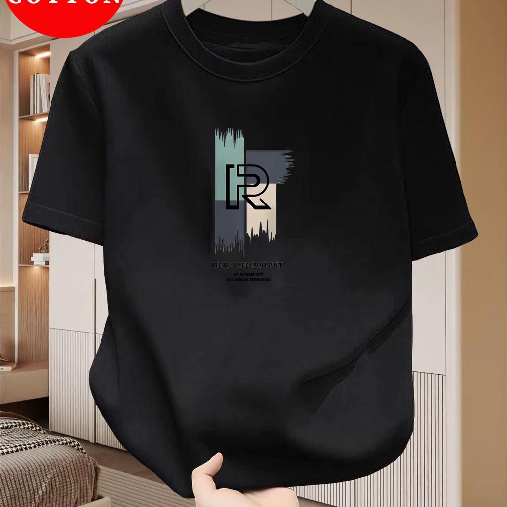 Unisexs 100 Pure Cotton Casual Loose Modern Abstract Letter And At Time Pattern Printed Round Neck Short Sleeved TShirt Top