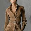 2025 Autumn Suede Velvet Long Sleeve Lapel Shirt Dress with Belt