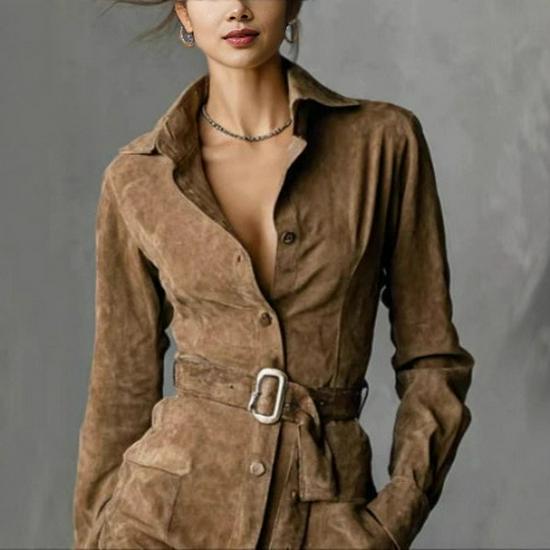 2025 Autumn Suede Velvet Long Sleeve Lapel Shirt Dress with Belt