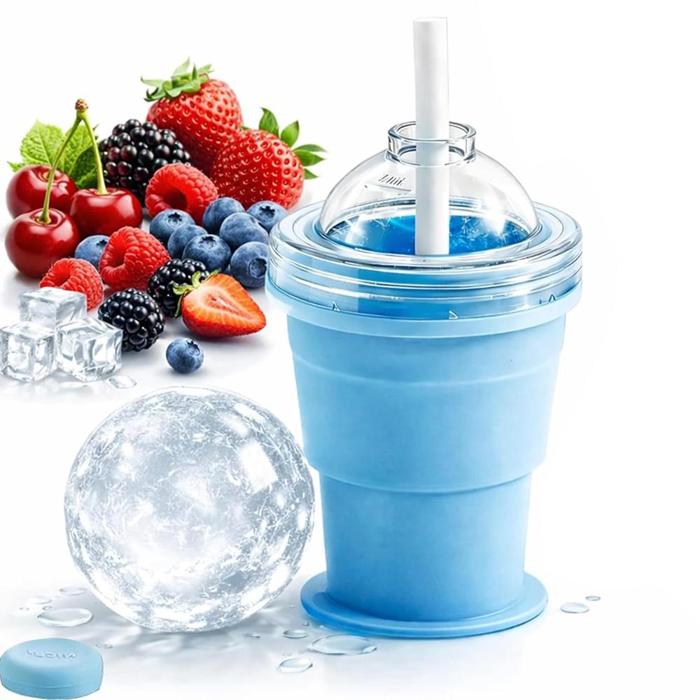 

2-in-1 Collapsible Silicone Ice Ball Maker Cup, Reusable Portable Ice Sphere Mold with Straw & Lid, Easy Demolding, Leakproof синий