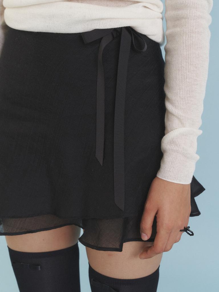 Leobeumimonseuteo Love Ribbon Sheer Layered Wrap Skirt_Bk