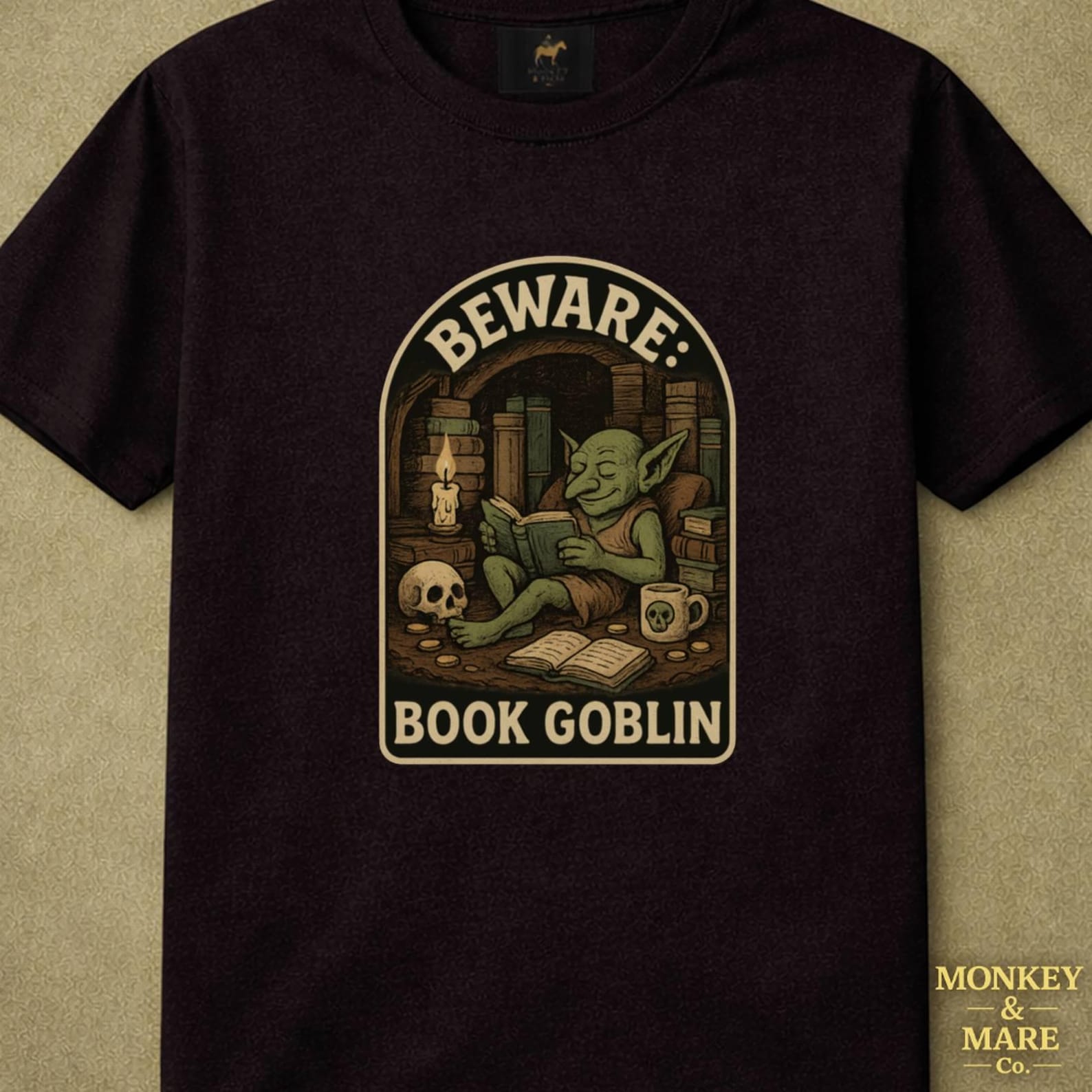Book Goblin Shirt, Beware Book Goblin, Cozy Reading Fantasy Humor Tee L