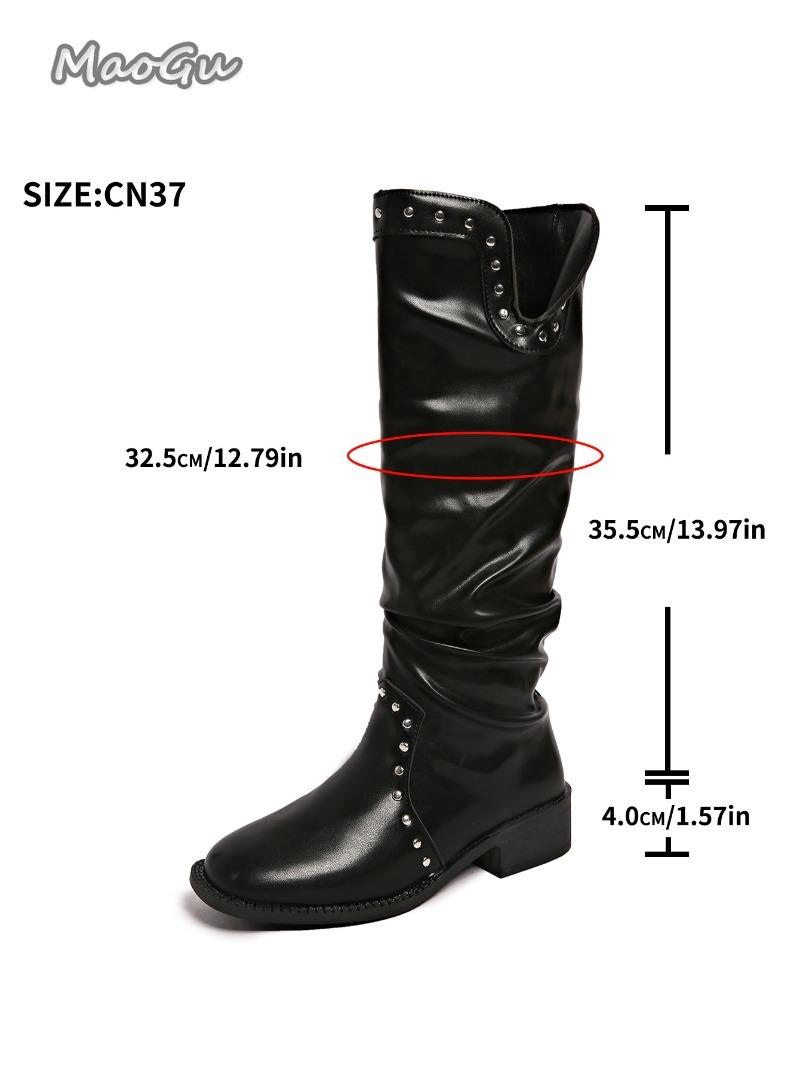 

Fashion Rivet Decor Mid-Tube Boots Autumn New for Women Black PU Mid Heel Long Leather Boots Pleated Slip on Bottes Femmes Fashion Botas 43 чёрный
