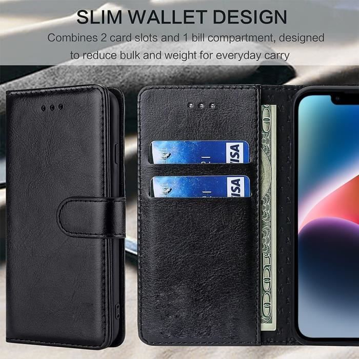 Coque portefeuille - E.F.CONNECTION - pour iPhone 14 - Noir - Souple - Fermoir magnétique