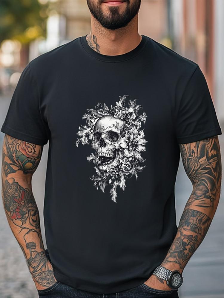 Floral Skull Art Graphic Women Men T-Shirt Trendy Tee Fashion Casual T-shirt Unisex T-Shirt XL