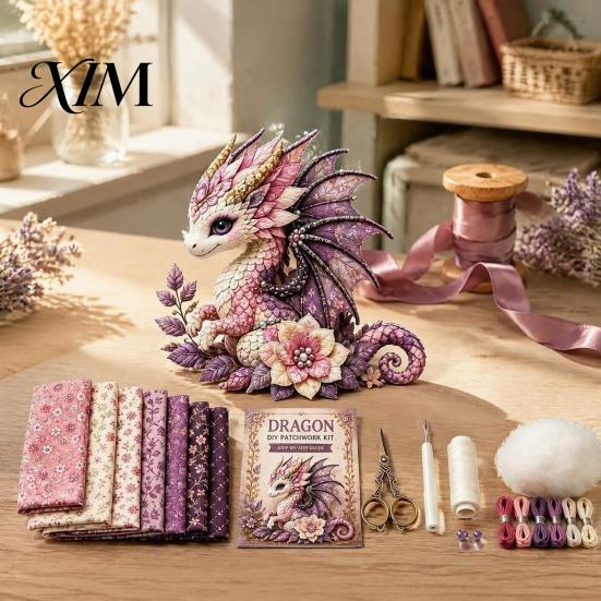 Screen Free Activity Dragon Patchwork DIY Kit, Fabric Sewing Kit with Artistic Crafting Materials Pre-cut Fabric, Beginner Craft for Handmade