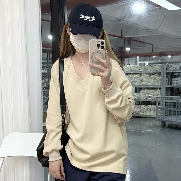 [Original practice, Minnie cloth 35 cotton 65 polyester] Lazy wind V-neck t shoulder sleeves versatile loose solid color sweater