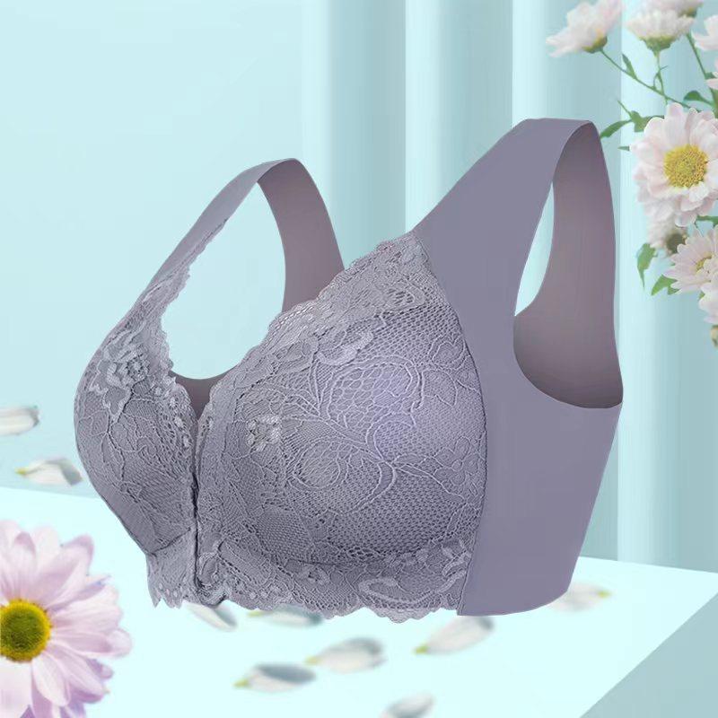 Simple Solid Contrast Lace Front Buckle Bra, Comfy & Breathable Wireless Push Up Bra, Women's Lingerie & Underwear
