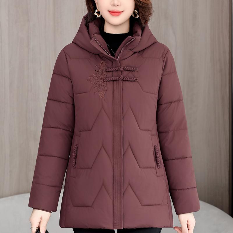 Middle Age Women's Winter Jackets Hooded Embroidery Casual Thick Parka Female Warm Coat
