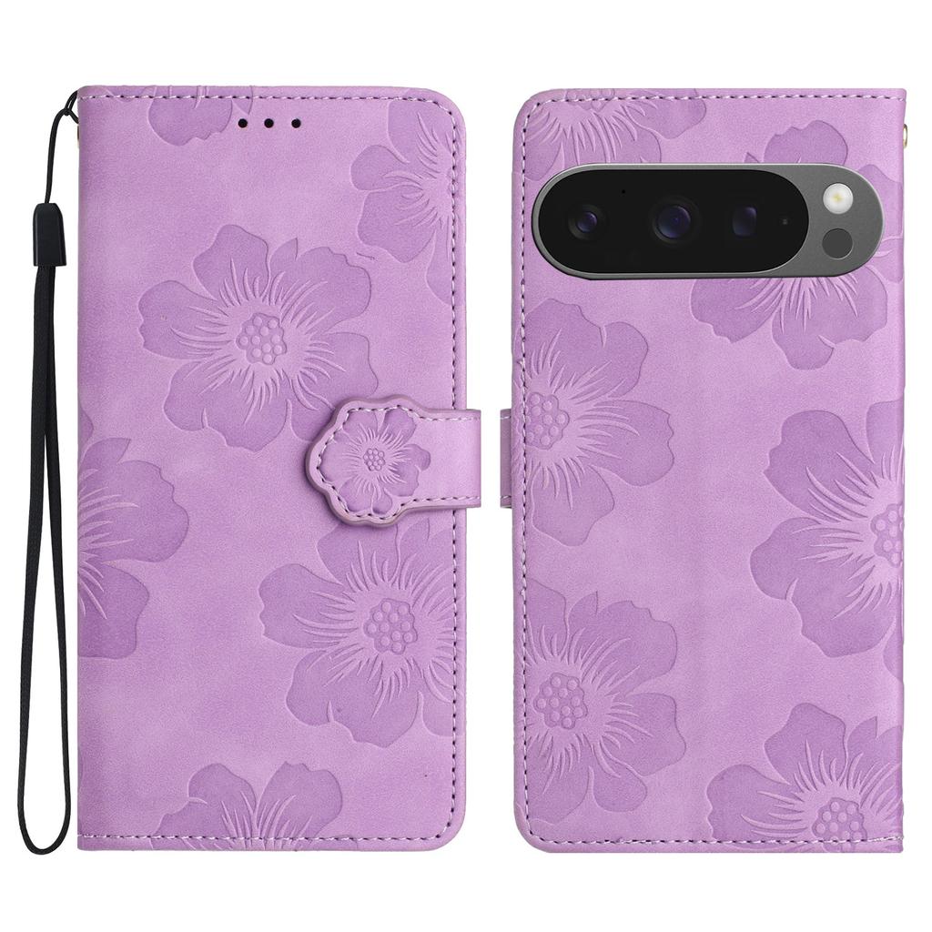 For Google Pixel 9 Pro XL Case Flower Design Leather Wallet Phone Cover with Wrist Strap