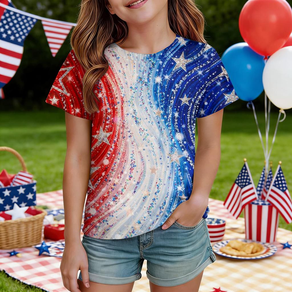 Kids Independence Day Print Round Neck Short Sleeve Casual T-shirt