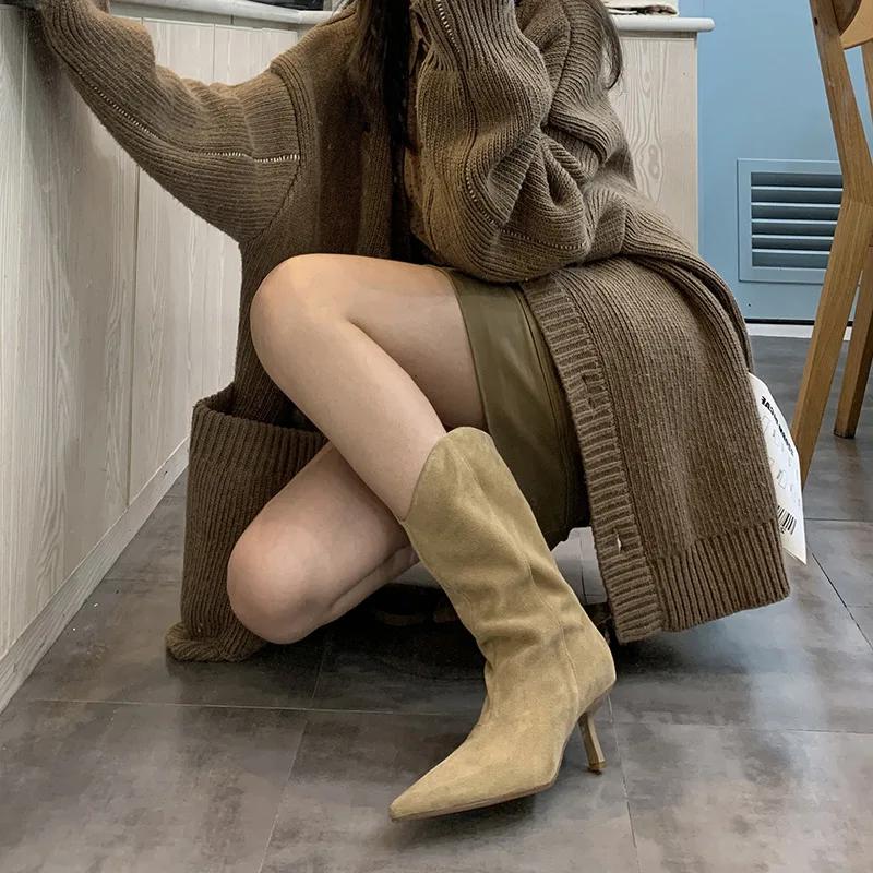 Women's Autumn Shoes Nubuck Leather Stiletto Mid-calf Boots Women Fashion Pumps Winter Black Pointed Toe High-heeled Boots Woman