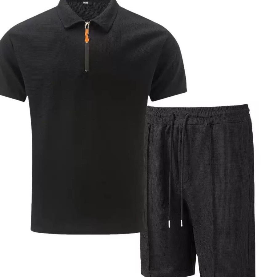 Mens Casual Polo Shirt Shorts Set Summer Breathable