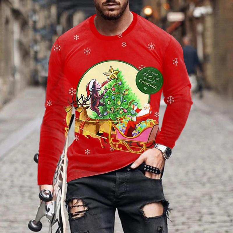 Round Neck 3D Christmas Printed Top Casual Long Sleeved Men's T-shirts - Soft Medium Stretch Polyester Fabric Spring and Autumn Relaxed Fit Clothing