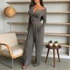 Women's 2 Piece Lounge Sets Long Sleeve Button Up Crop Top Wide Leg Pants Matching Outfit Casual Fall Spring Tracksuits