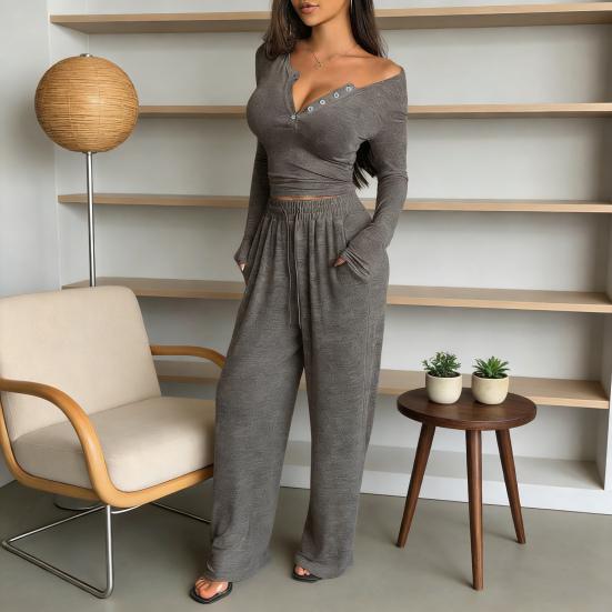 Women's 2 Piece Lounge Sets Long Sleeve Button Up Crop Top Wide Leg Pants Matching Outfit Casual Fall Spring Tracksuits
