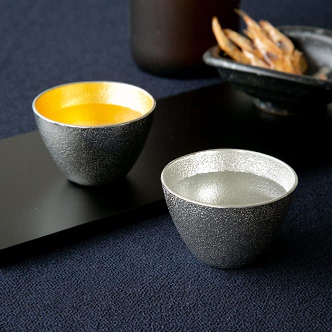 NOUSAKU Katakuchi Medium (1 go) Sake Cups, Tin and Gold, Set of 2, Wrapped in Japanese Paper
