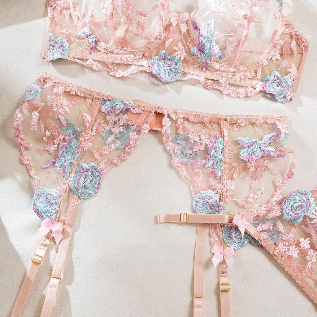 Sexy Transparentes Besticktes Blumen-Dessous-Set - 5 Teile, Hüftbetonend, Figurformend