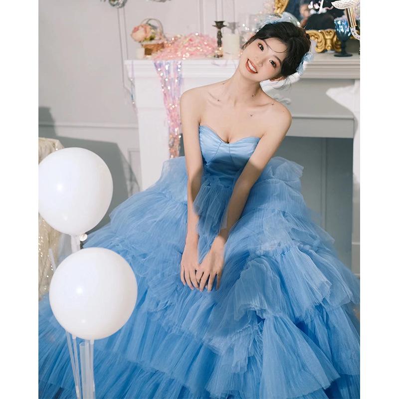Temperament Tube Top Light Wedding Dress 2025 Question Wedding Dress Blue Birthday Party Indoor Clothing Color Dress