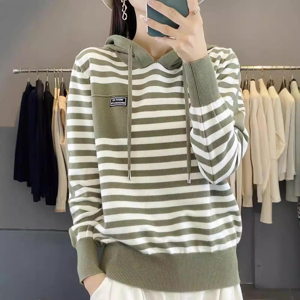 Autumn Fashion Hooded Sweater Women's Striped Colorblocking Casual Hooded Knit Top