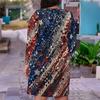 Women Plus Size V Neck Long Sleeve Teal Yellow Leaf Printed Straight Dress
